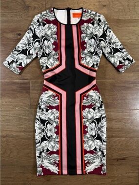 Clover Canyon Black, Burgundy and Pink Floral Midi Sheath Dress